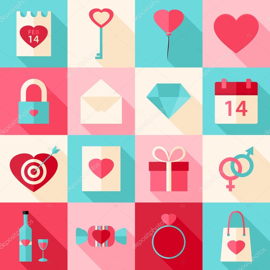 Valentine day flat style icons with long shadow