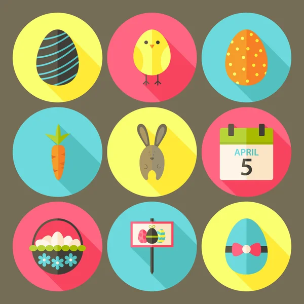 Ensemble d'icône de cercle plat de Pâques 6 avec ombre longue — Image vectorielle