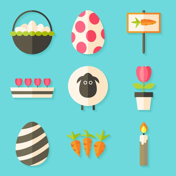 Easter icons set with shadows over blue — Stock Vector