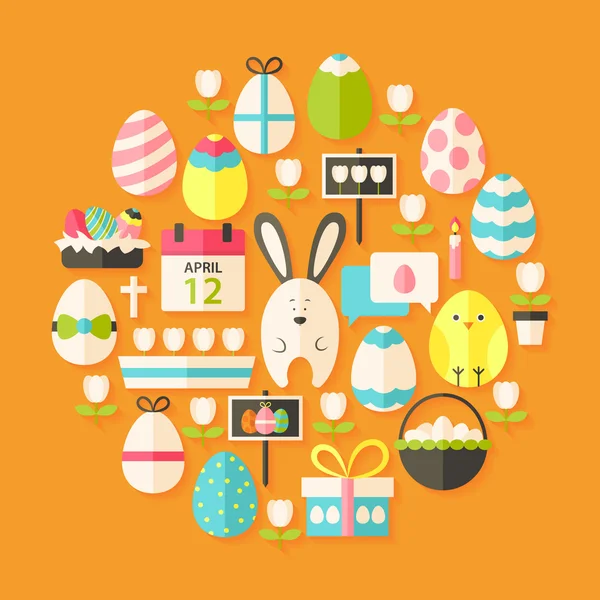 Easter Flat stylized Icons Set circular shaped with shadow — Stock Vector