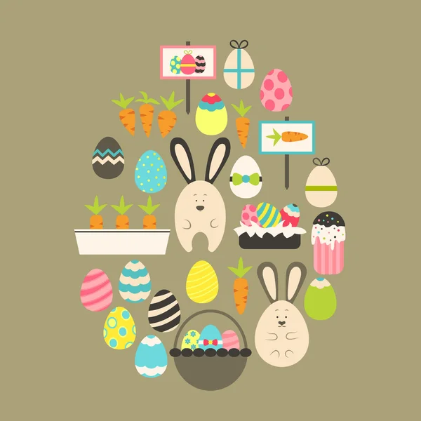 Easter holiday Flat Icons Set over brown — Stock Vector