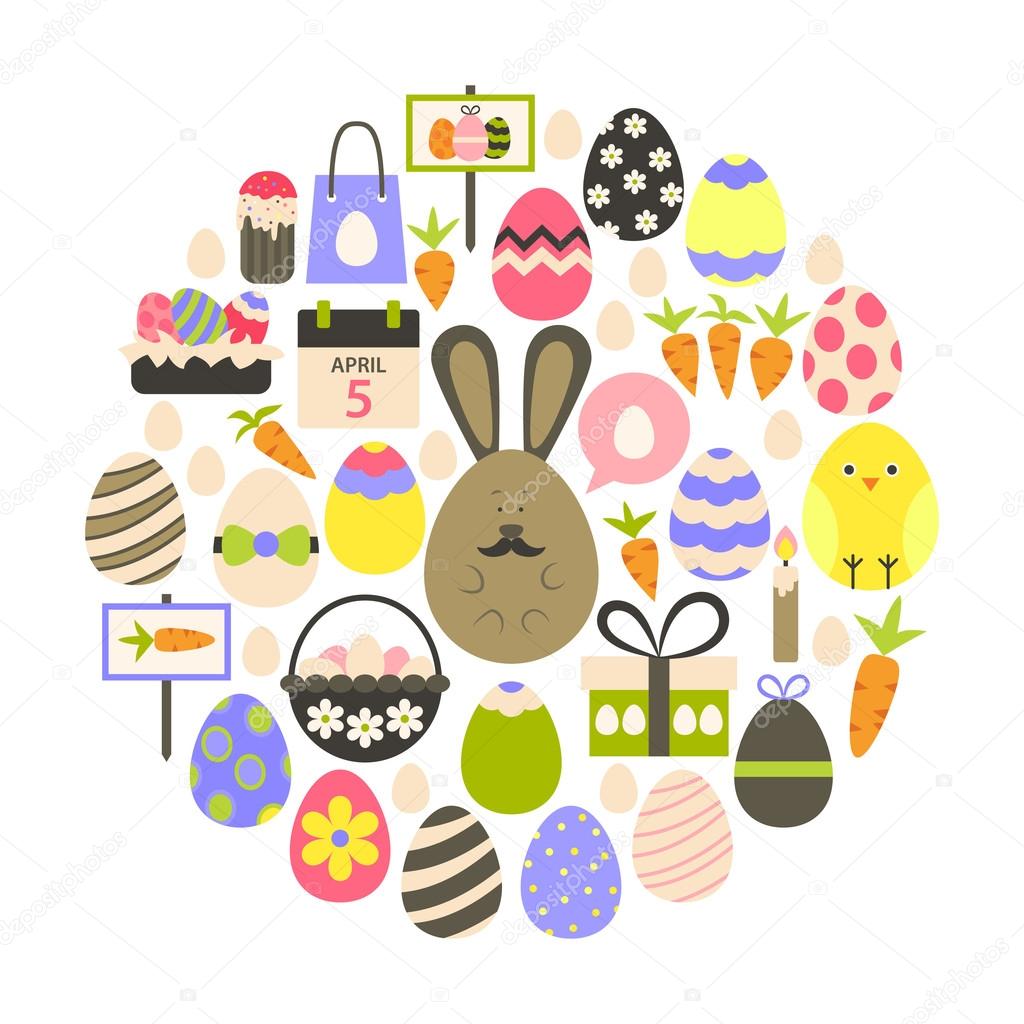 Easter holiday Flat Icons Set over white