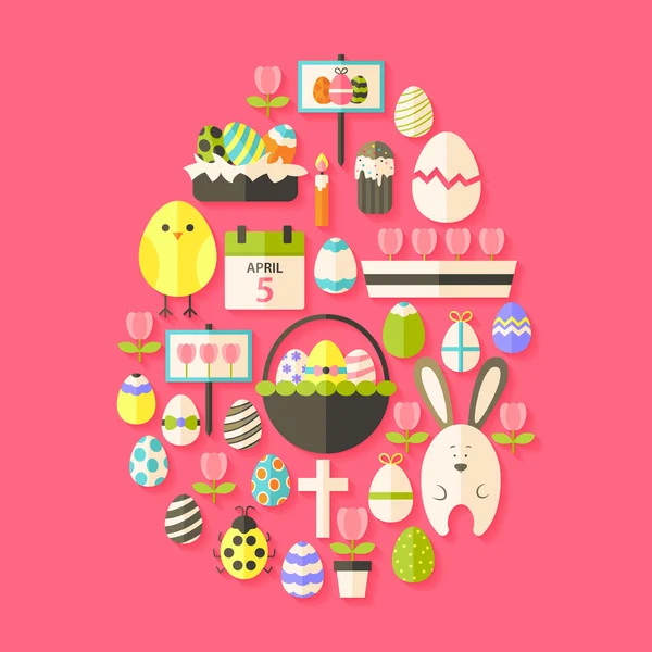 Conjunto de iconos planos de Pascua Huevo en forma de sombra sobre rosa oscuro — Vector de stock