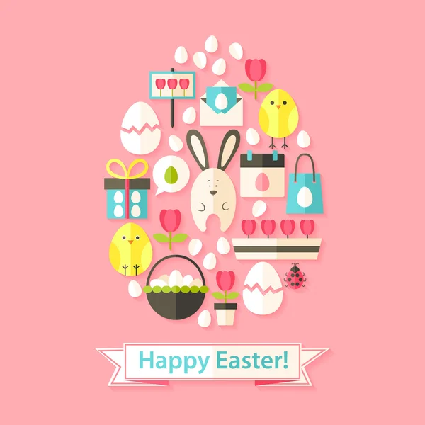Tarjeta de felicitación de Pascua con iconos planos en forma de huevo — Vector de stock