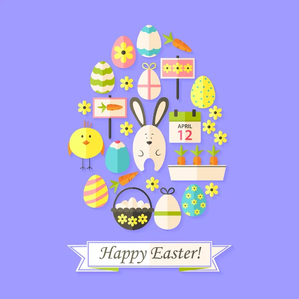 Carte de vacances de Pâques avec des icônes plates en forme d'oeuf — Image vectorielle