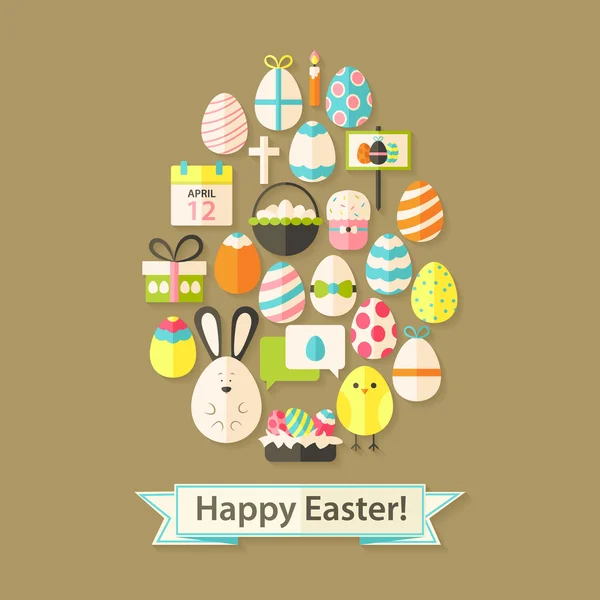 Tarjeta de felicitación de vacaciones de Pascua con iconos planos en forma de huevo — Vector de stock