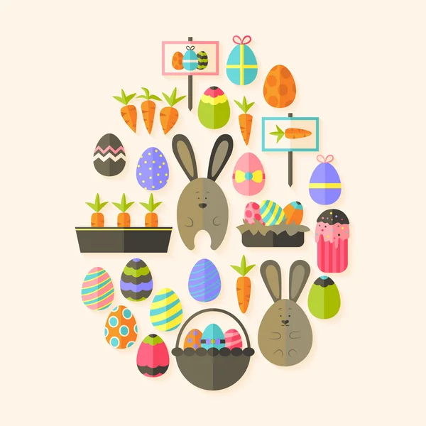 Vacaciones de Pascua Iconos Planos Conjunto Huevo en forma de sombra sobre beige — Vector de stock