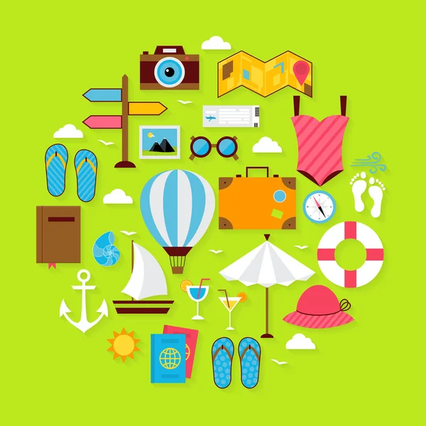 Conjunto de iconos de vacaciones de verano plano en forma de círculo — Vector de stock