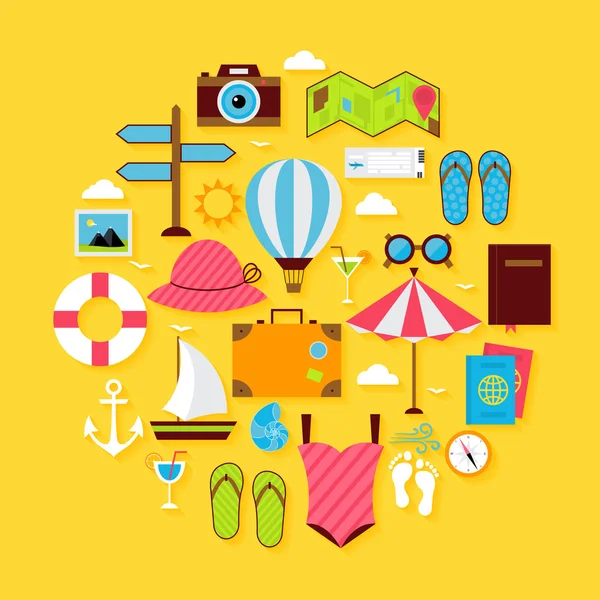 Flat Travel Summer Icon Circle Shaped Set — Stock Vector