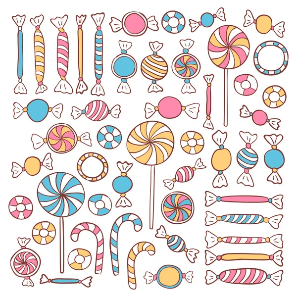 Doodle caramelle dolci disegnati a mano oggetti Set — Vettoriale Stock
