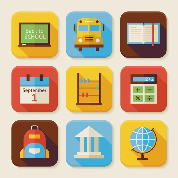 Flat Back to School Conjunto de ícones de aplicativos quadrados — Vetor de Stock