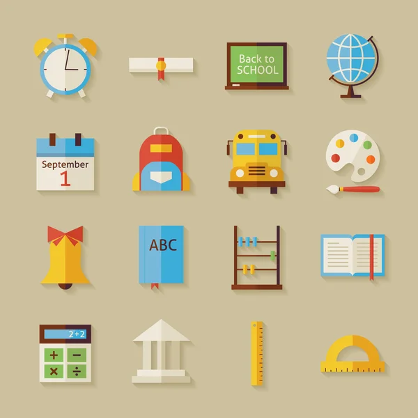 Flat Back to School Objects Set with Shadow — Stockvector