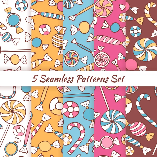 Sketch Doodle Candies Sweets Seamless Patterns Set — Stock Vector