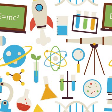 Flat Seamless Pattern Science and Education Objects over White