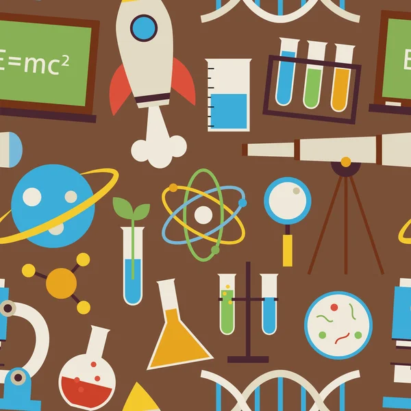 Flat Seamless Pattern Science and Education Objects over Brown — 스톡 벡터