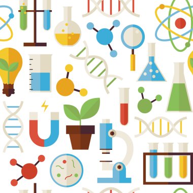 Flat Seamless Pattern Science and Research Objects over White