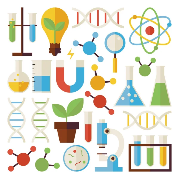 Flat Science and Research Objects Set isolated over White — Stock Vector