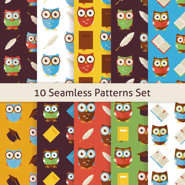School and Education Owls Flat Seamless Background Patterns Set — Stock Vector