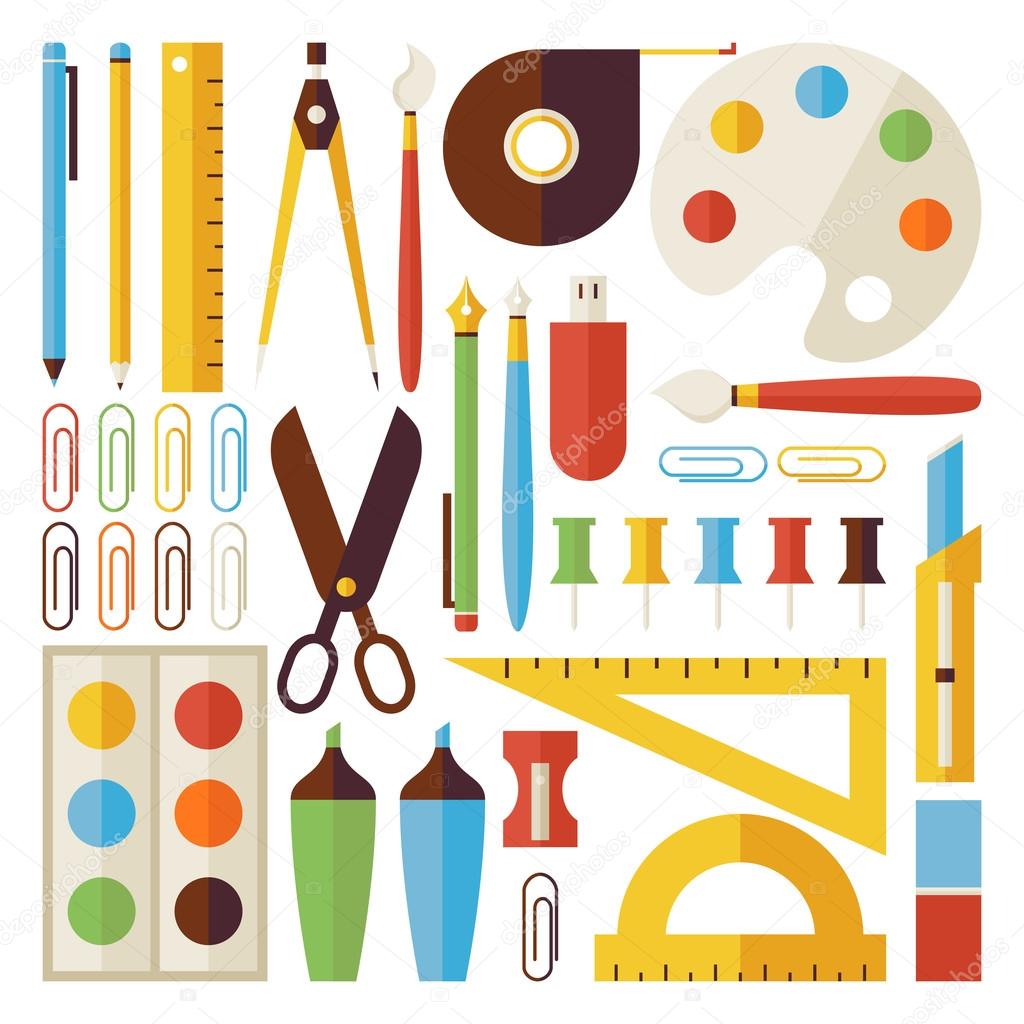 Flat Back to School Objects and Office Instruments Set isolated 
