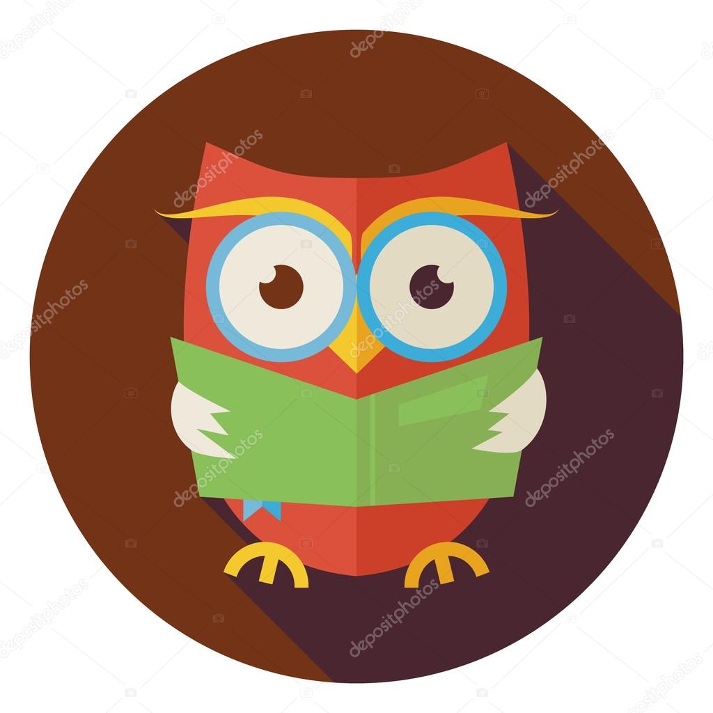 Flat Wisdom Bird Owl Reading Book Circle Icon with Long Shadow