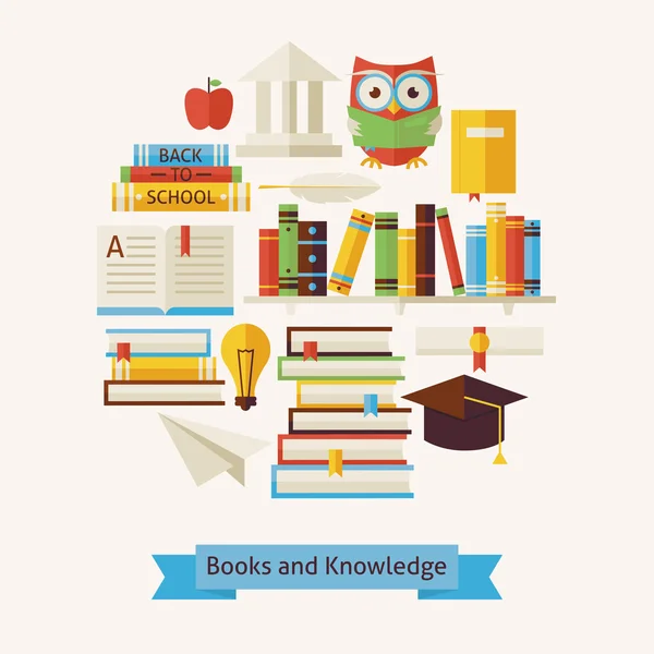 Vector Flat Style Books Education and Knowledge Objects Concept — Stok Vektör