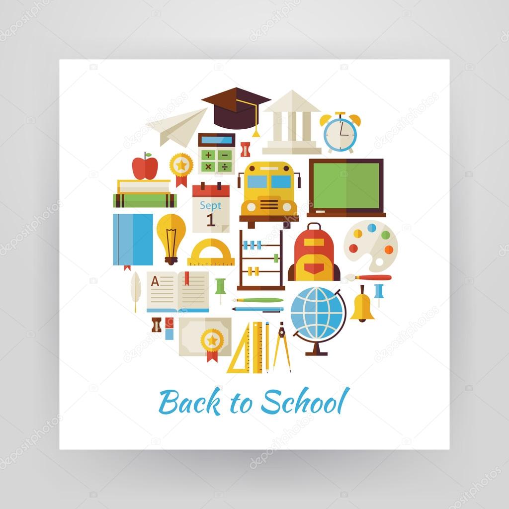 Flat Style Circle Vector Set of Back to School and Education Obj