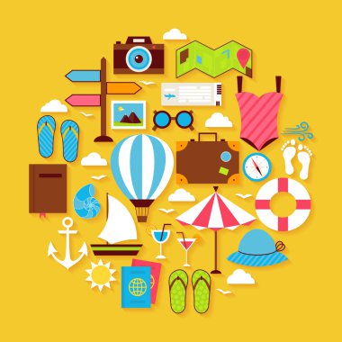 Summer Vacation and Travel Vector Flat Design Circle Shaped Obje