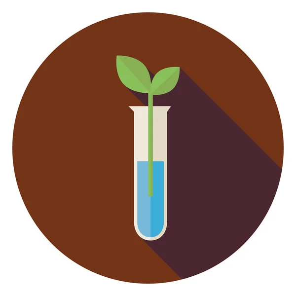 Flacher Biologie-Kolben mit grünem Pflanzenkreis-Symbol mit langem Schatten — Stockvektor