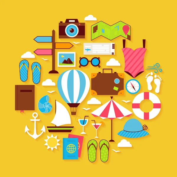 Summer Vacation and Travel Vector Flat Design Circle Shaped Obje — 스톡 벡터