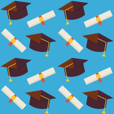 Flat Vector Seamless Pattern Graduate from School Hat and Diplom