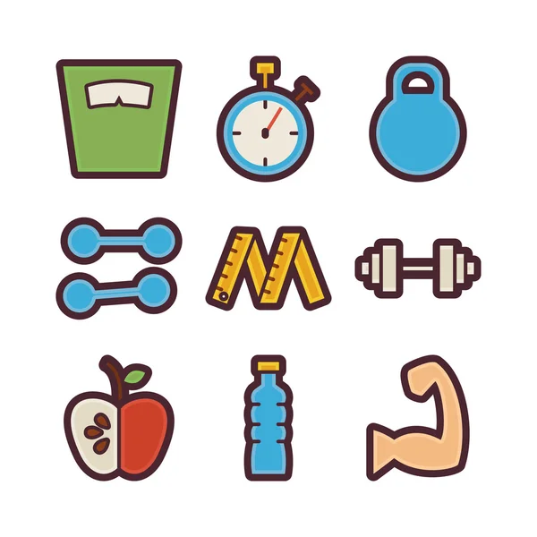 Fitness- und Diätartikel moderne flache Icons Set — Stockvektor