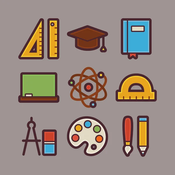 Artículos escolares y educativos Conjunto de iconos planos modernos — Vector de stock
