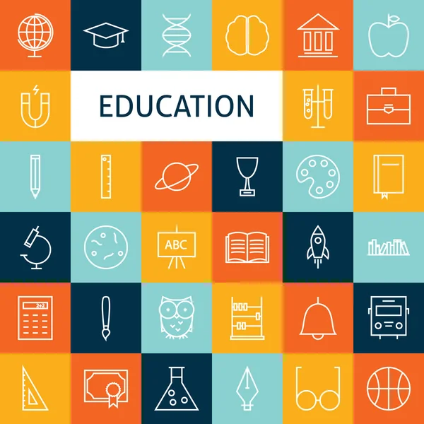 Vector Flat Line Art Modern School and Education Icons Set — Stock vektor