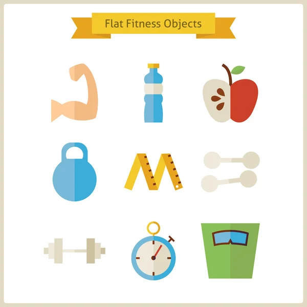Set d'objets de fitness et de régime plat — Image vectorielle