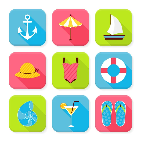 Flat Summer Holidays and Resort Squared App Icons Set — 스톡 벡터
