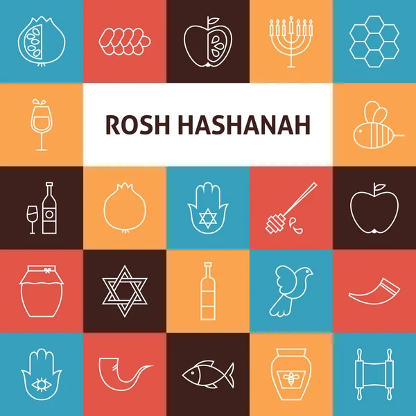 Linha de arte Rosh Hashanah judaica ano novo conjunto de ícones de férias —  Vetores de Stock