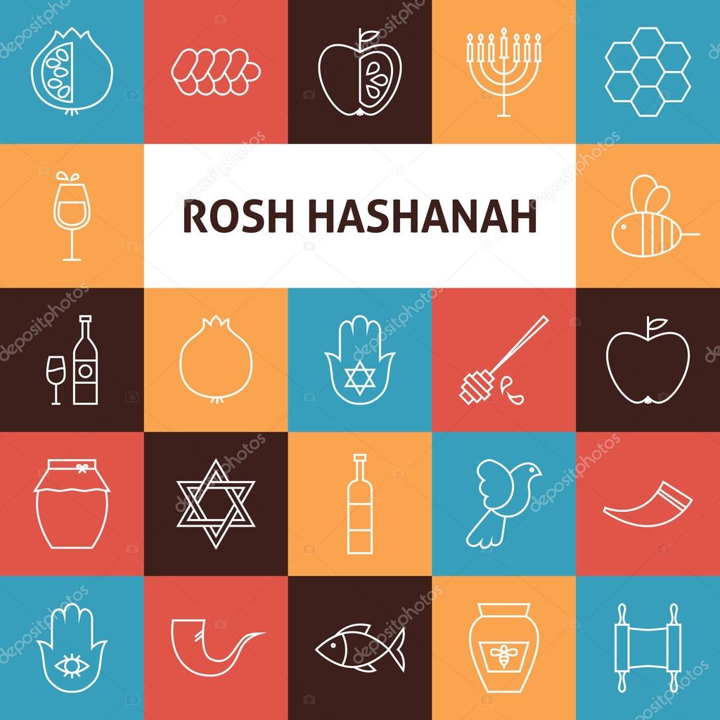 Line Art Rosh Hashanah Jewish New Year Holiday Icons Set