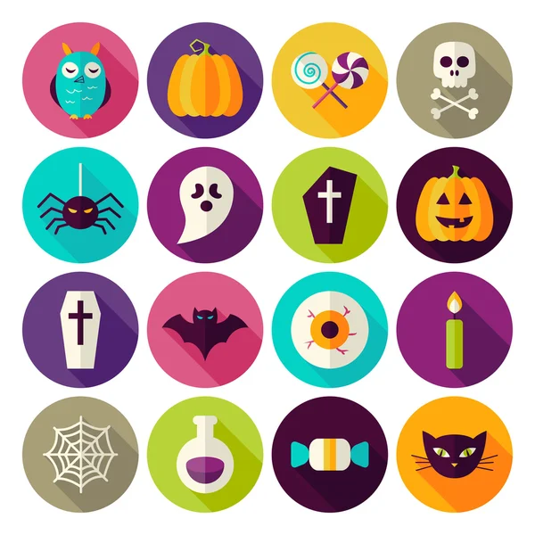 Flacher Halloween-Trick oder Kreis-Symbole mit langem Schatten — Stockvektor