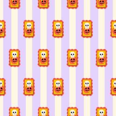 Skull ve Pumpkin Picture Duvar Desensiz. 31 Ekim Tatili El Çizimi 'nin Vektör İllüstrasyonu. Duvar Arkaplanı 'nı selamlıyorum. Şeker mi şaka mı? Mutlu Cadılar Bayramı.