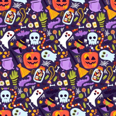 Kusursuz Cadılar Bayramı Şablonu 'nu çiz. 31 Ekim Tatil Arkaplanı El Çizimi 'nin Vektör İllüstrasyonu. Şeker mi şaka mı? Balkabağı Kafatası.