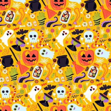 Kusursuz Cadılar Bayramı Şablonunuz kutlu olsun. 31 Ekim Tatili El Çizimi 'nin Vektör İllüstrasyonu. Selamlama Arkaplanı. Şeker mi şaka mı? Fenerin Kafatası Valesi.