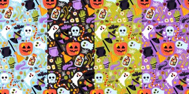 Cadılar Bayramı Çizimi Kusursuz Desenler Ayarlandı. 31 Ekim Tatil Arkaplanı El Çizimi 'nin Vektör İllüstrasyonu. Şeker mi şaka mı? Balkabağı Cadı Kafatası.