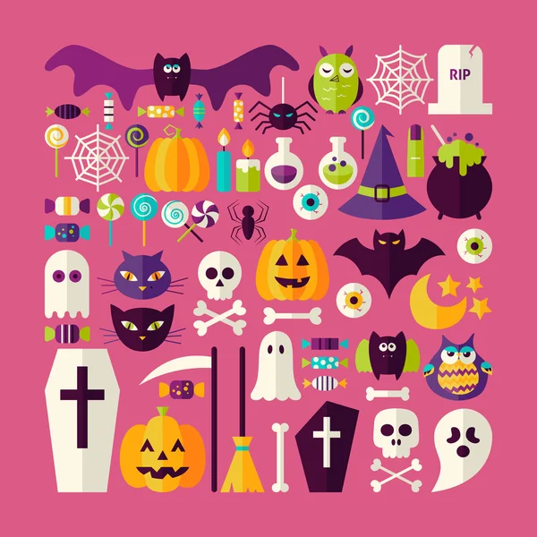 Style plat vecteur grand ensemble d'objets de vacances Halloween et Eleme — Image vectorielle