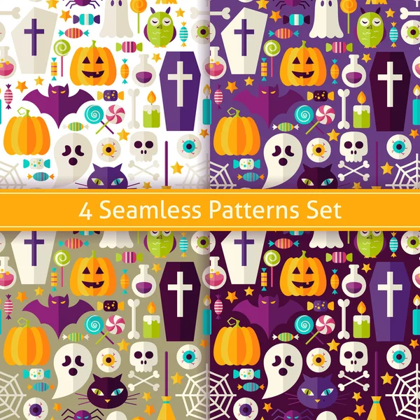 Four Vector Flat Seamless Halloween Party Patterns Set — Stock Vector