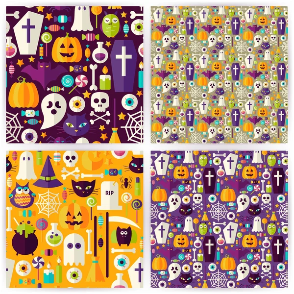 Vier Vector plat naadloze Halloween Party patronen collectie — Stockvector