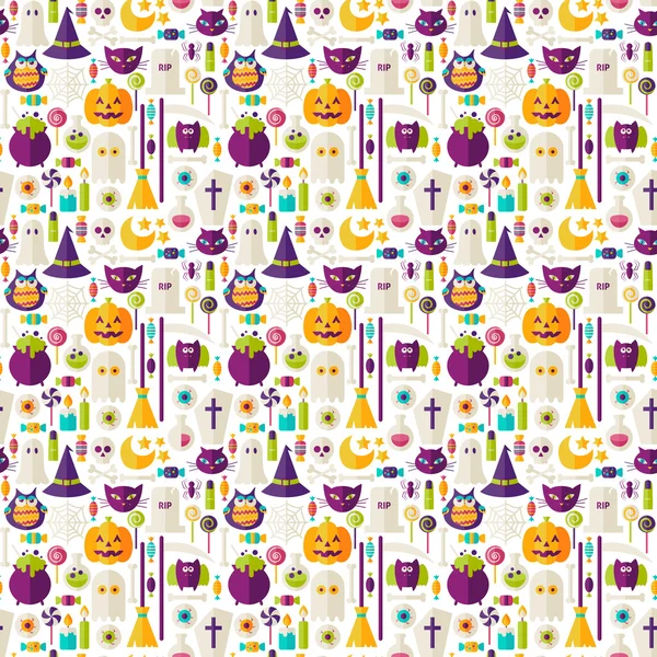 Flat Halloween Trick or Treat Objects Seamless Pattern — Stock Vector