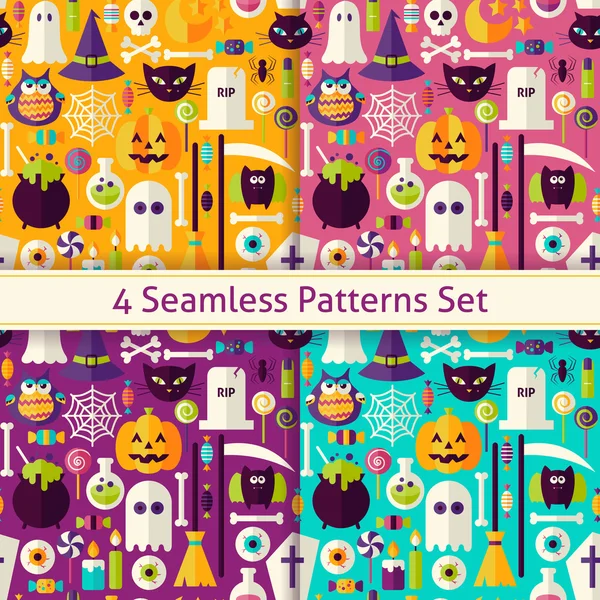 Four Vector Flat Seamless Scary Halloween Patterns Set — Stock Vector