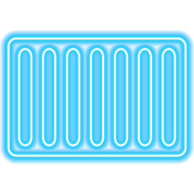 Su Radyatörü Neon tabelası. Parlak Tesisatçı Objesi 'nin Parlayan Tarzı. Batarya Öncü Lamba Simgesi Üzerine Koyu Mavi Tuğla Arkaplan. 