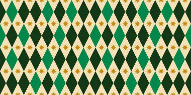 Altın Yıldızsız Desenli Yeşil Rhombus. Zarif Geometrik Vektör İllüstrasyonu. Üçgen Motifler ve Altın Modern Kış Şekilleri. Şık Tatil Arkaplanı