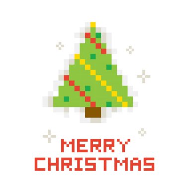 Pixel Mutlu Noel Ağacı Konsepti. 8 Bit Oyun Kış Kartpostalı 'nın Vektör İllüstrasyonu. Metin Tipografisi ve Kar Taneleriyle Tebrik Kartı.